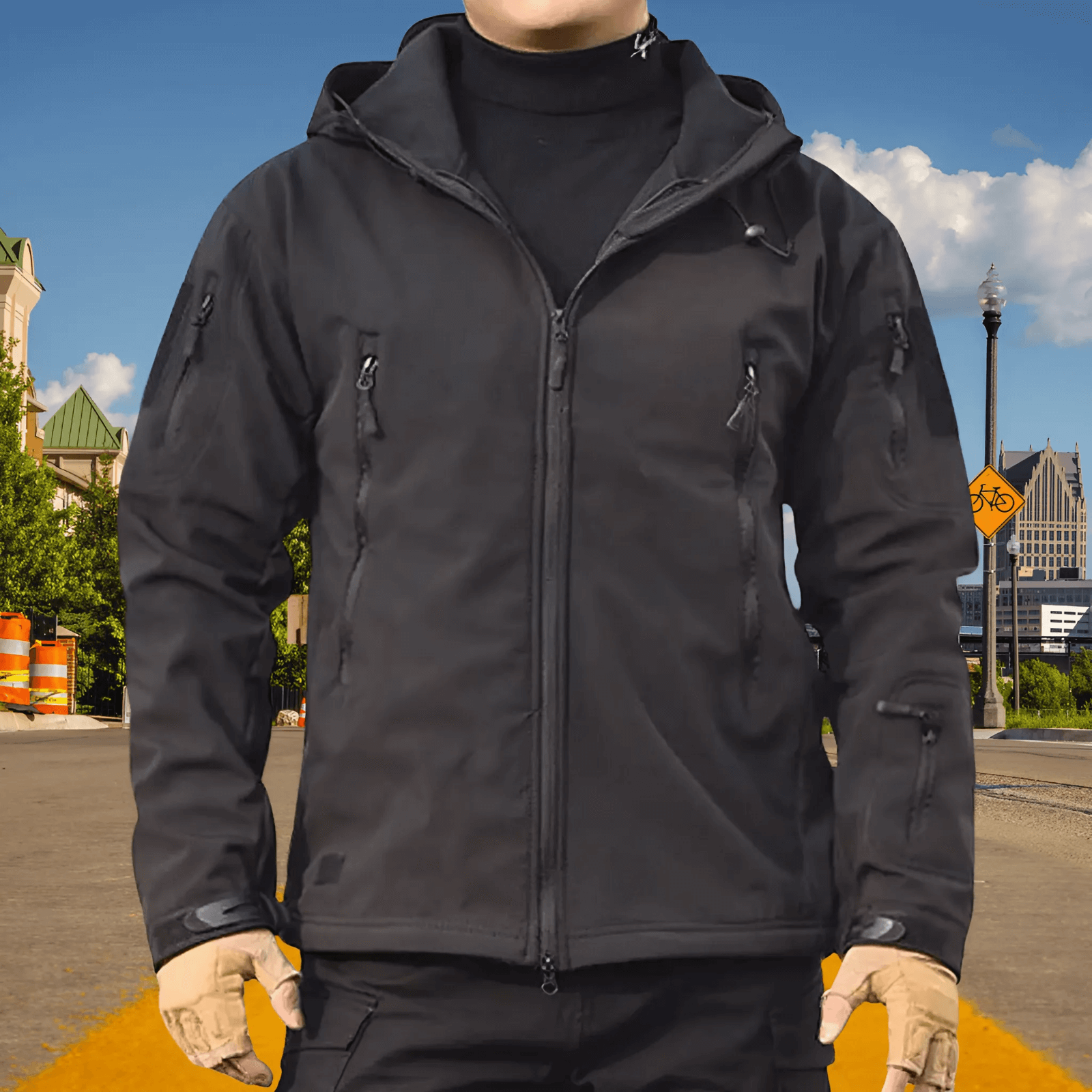 Herrarnas taktiska softshell-jacka med flera fickor med dragkedja och huva