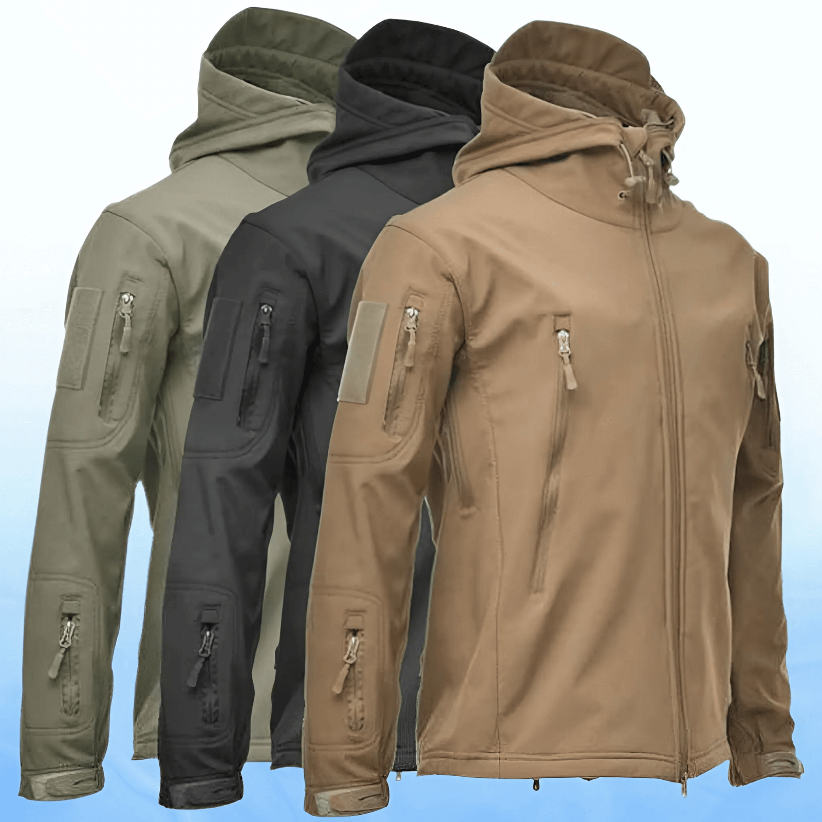 Herrarnas taktiska softshell-jacka med flera fickor med dragkedja och huva