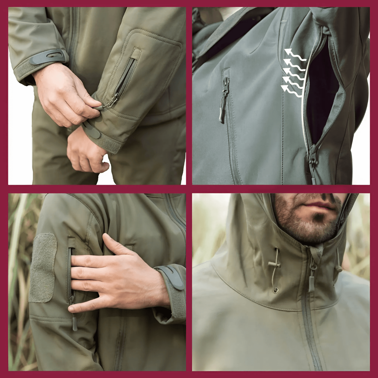 Herrarnas taktiska softshell-jacka med flera fickor med dragkedja och huva