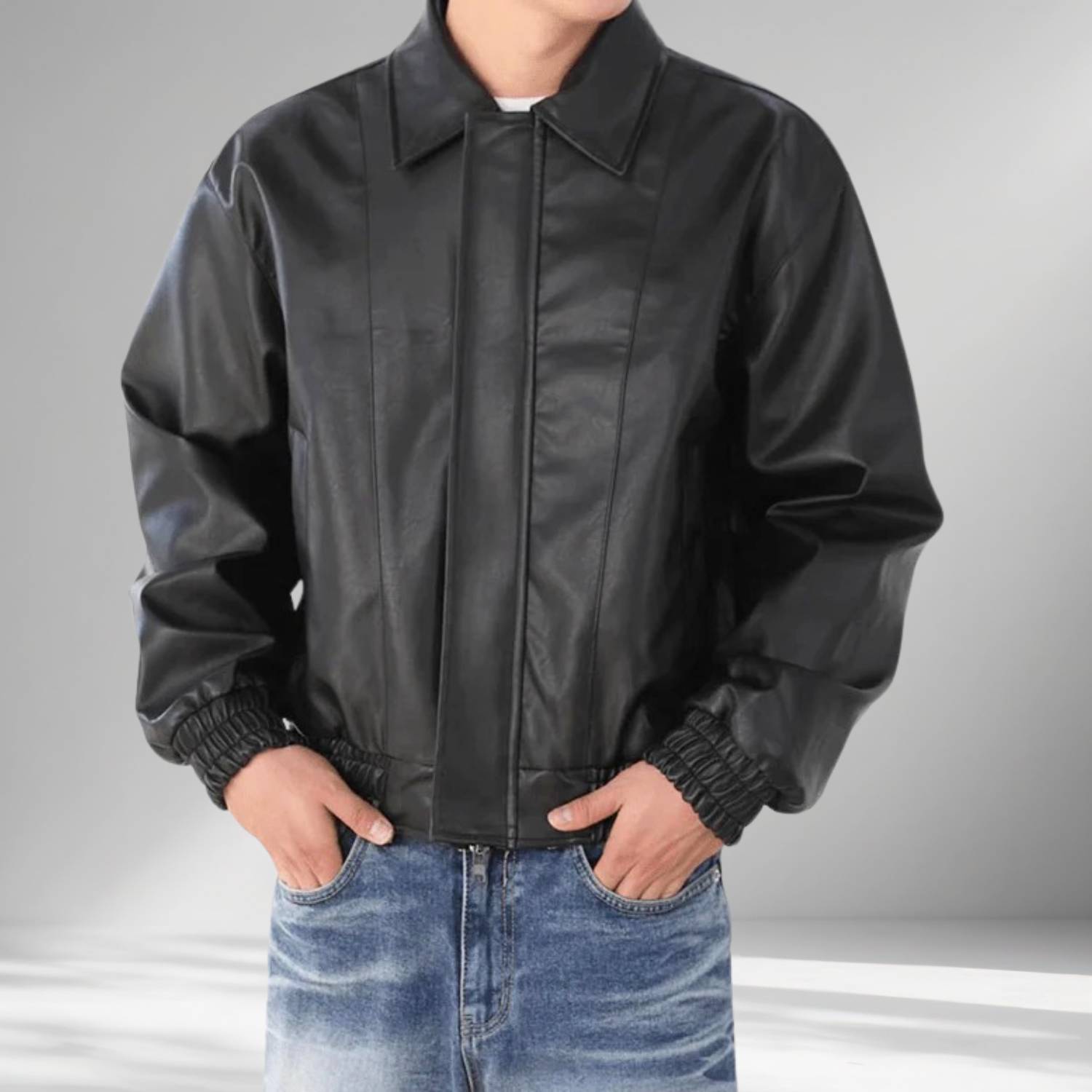 Retro-stil Zip-up konstläderjacka för män med elastiska ärmslut | Zandro
