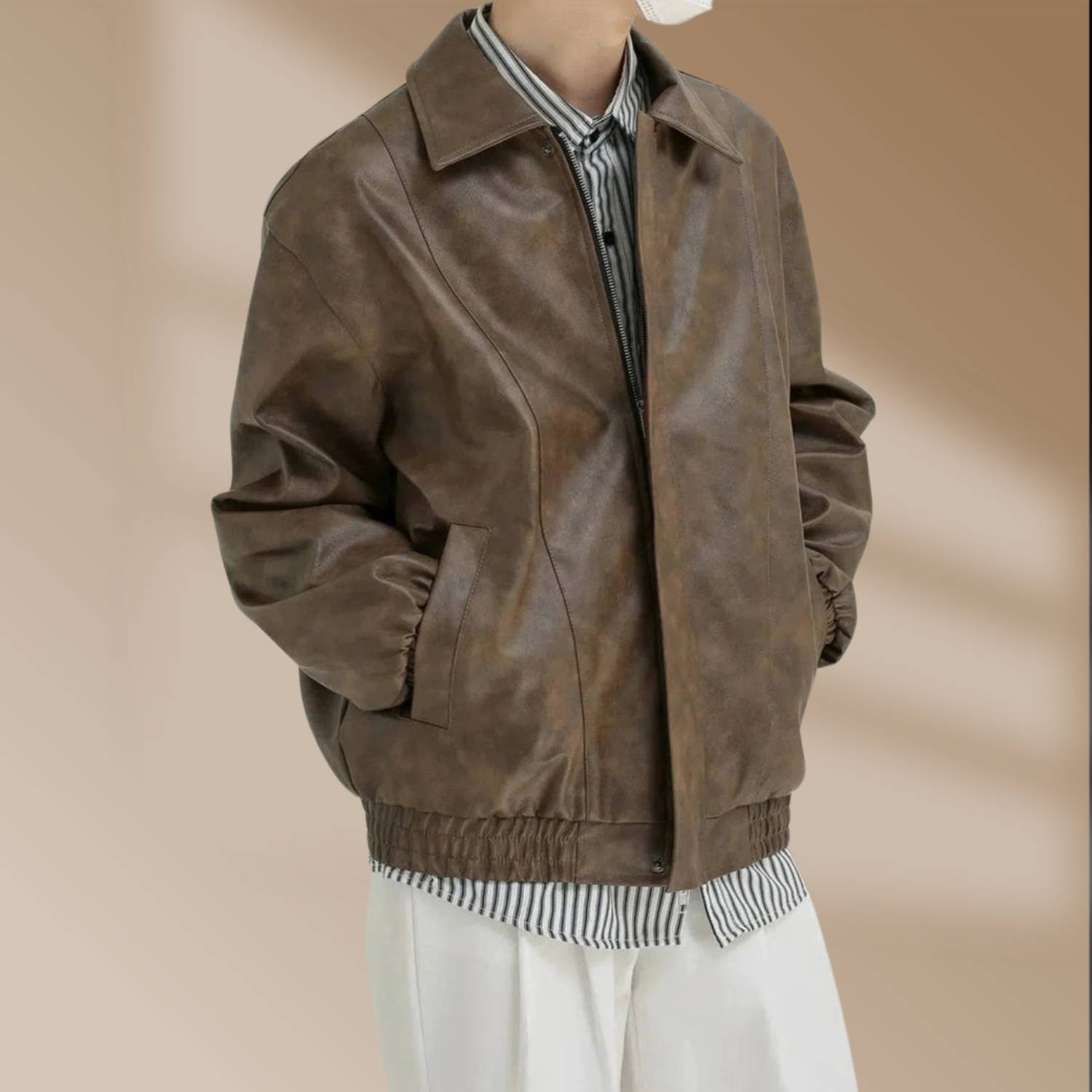 Retro-stil Zip-up konstläderjacka för män med elastiska ärmslut | Zandro