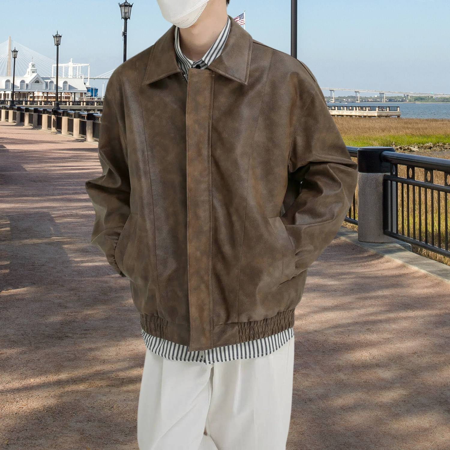 Retro-stil Zip-up konstläderjacka för män med elastiska ärmslut | Zandro
