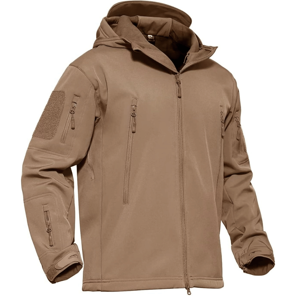 Herrarnas taktiska softshell-jacka med flera fickor med dragkedja och huva