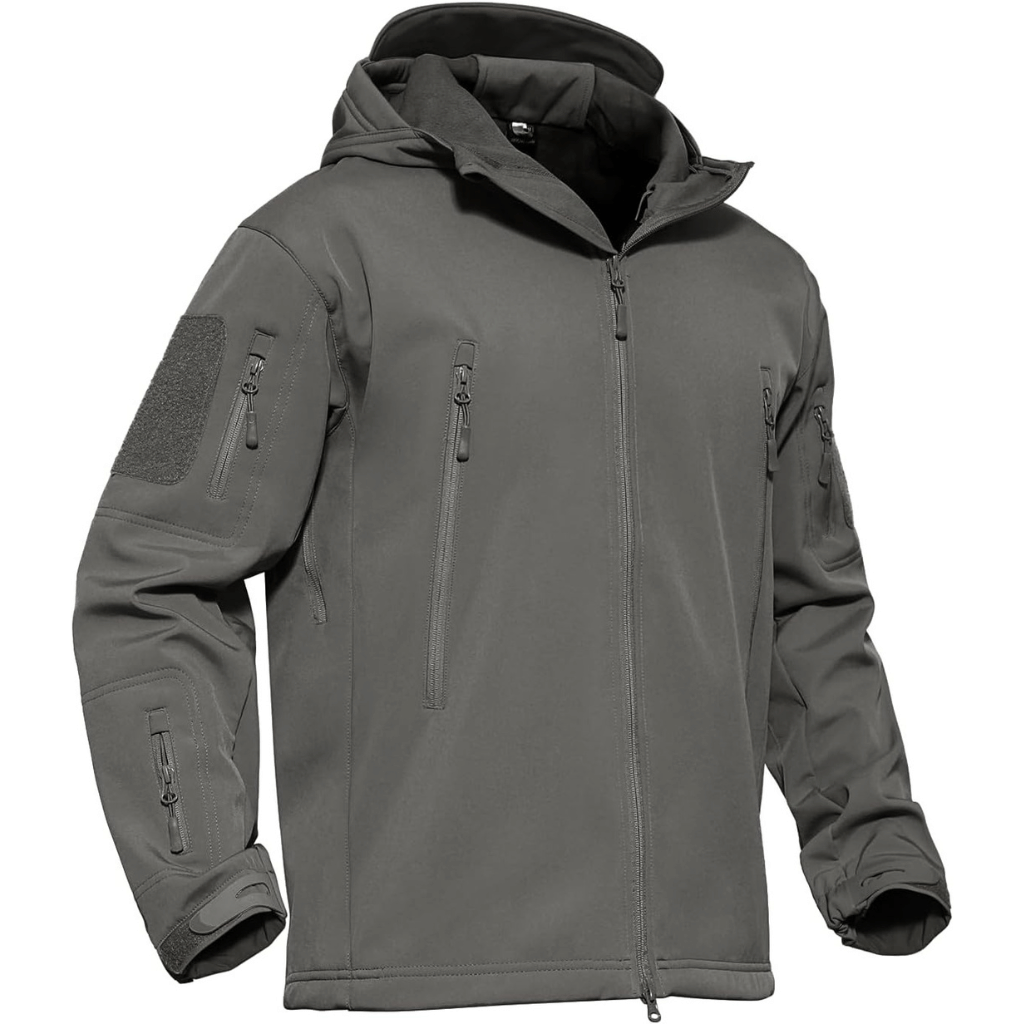 Herrarnas taktiska softshell-jacka med flera fickor med dragkedja och huva
