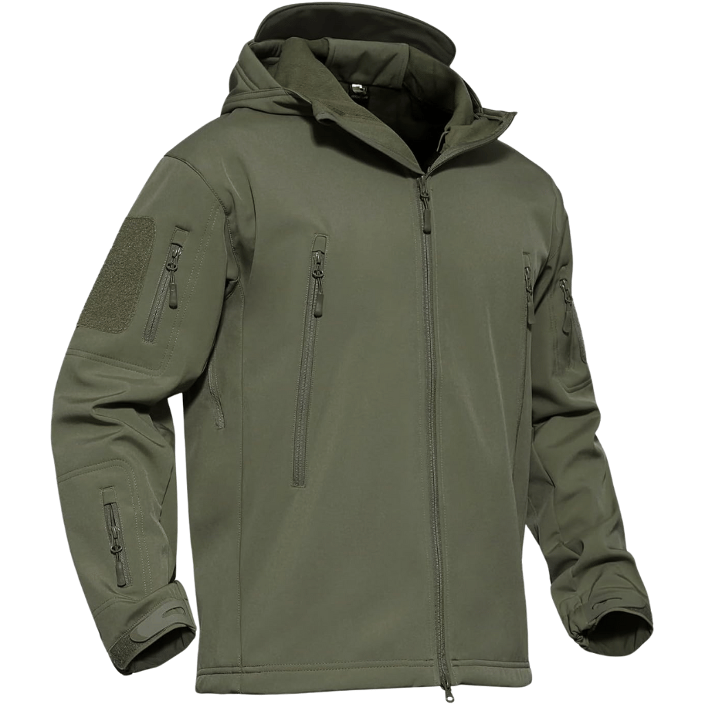 Herrarnas taktiska softshell-jacka med flera fickor med dragkedja och huva