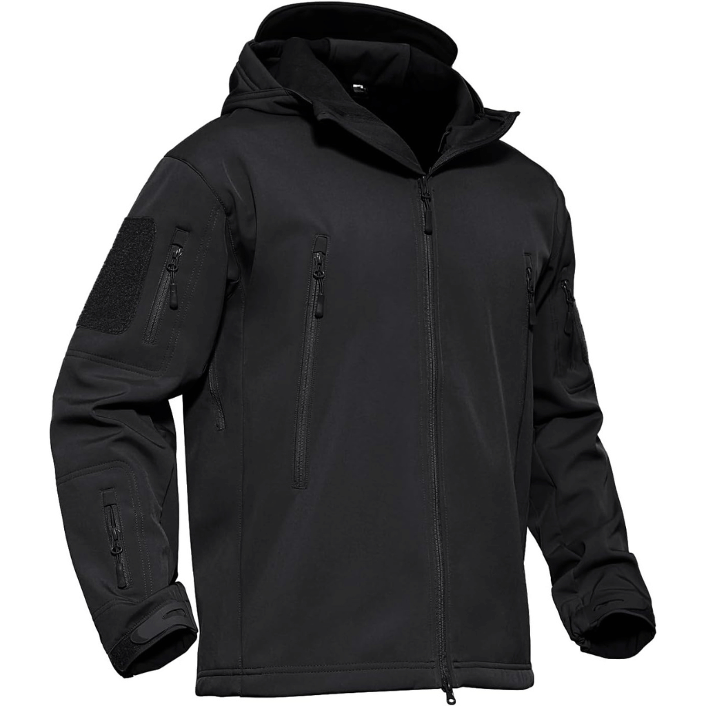 Herrarnas taktiska softshell-jacka med flera fickor med dragkedja och huva