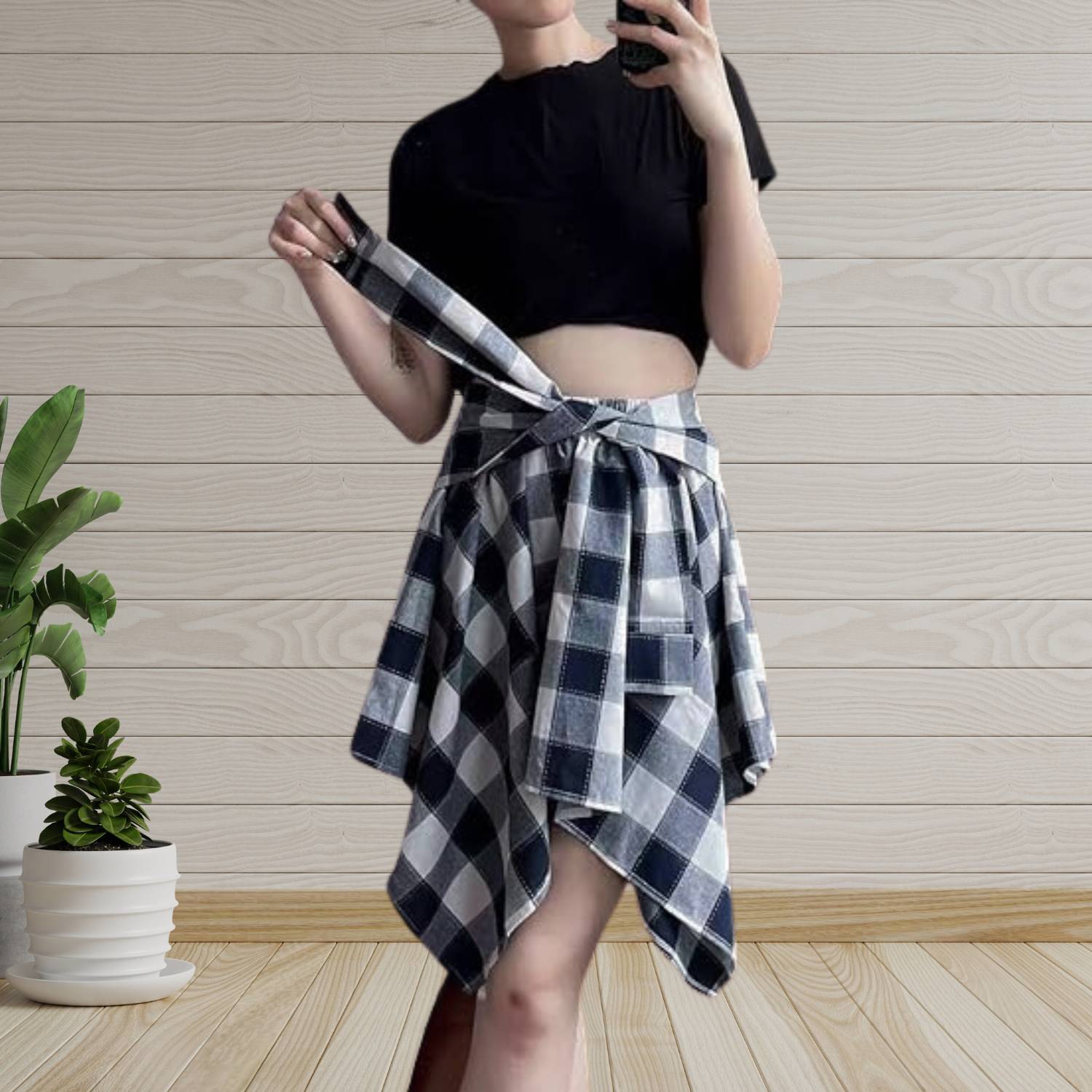 Casual Vintage Rutigt Kjol för Kvinnor med Justerbar Midja | Charlotte