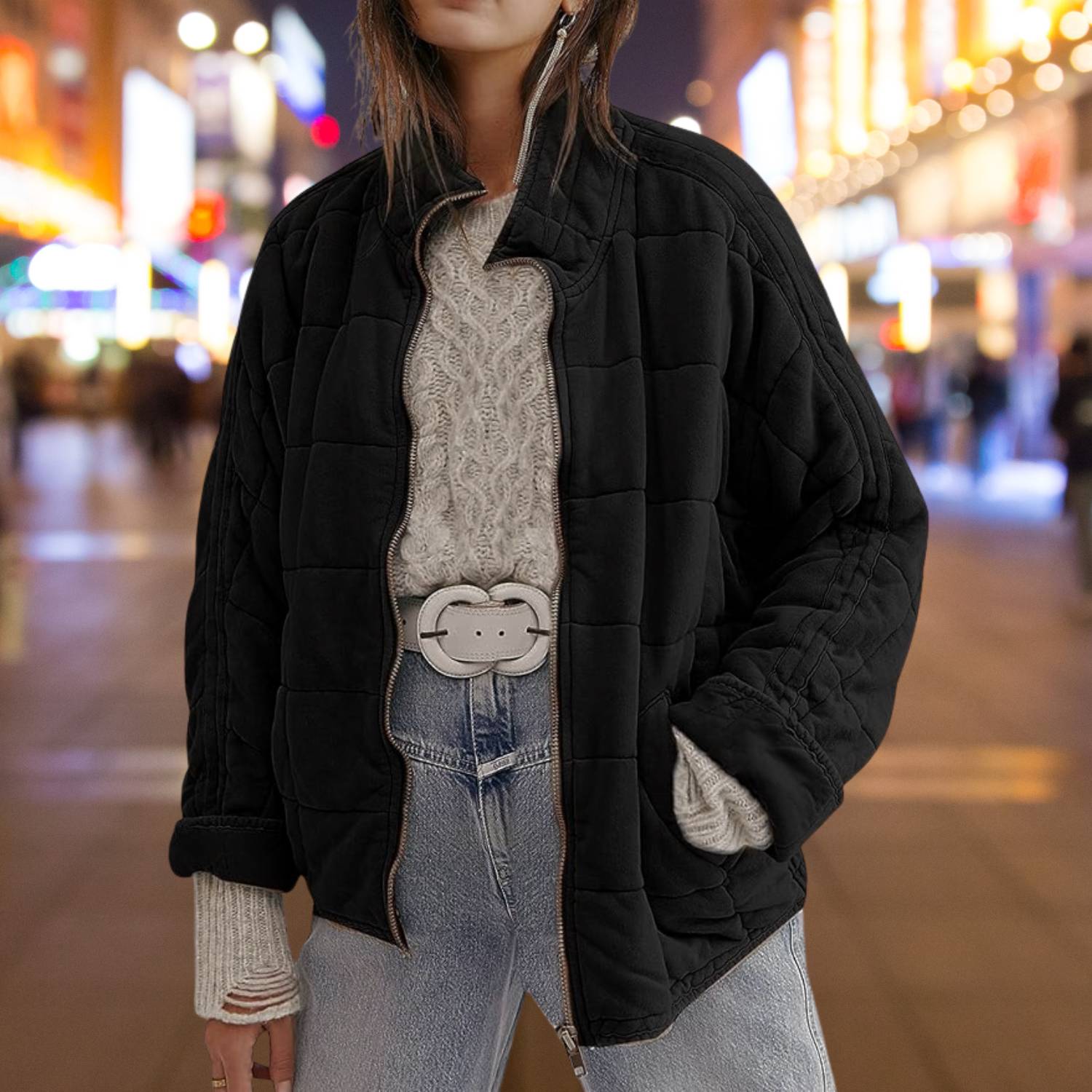 Mysig Oversized Vadderad Jacka för Kvinnor med Dragkedja | Chantal