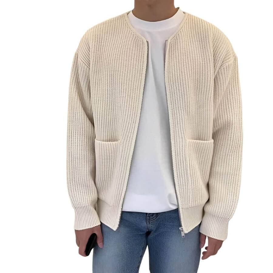 Herrstickad Cardigan med Framdragkedja och Fickor