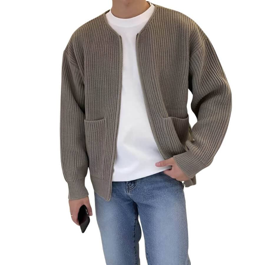 Herrstickad Cardigan med Framdragkedja och Fickor