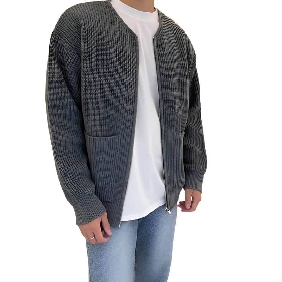 Herrstickad Cardigan med Framdragkedja och Fickor