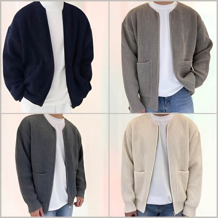 Herrstickad Cardigan med Framdragkedja och Fickor