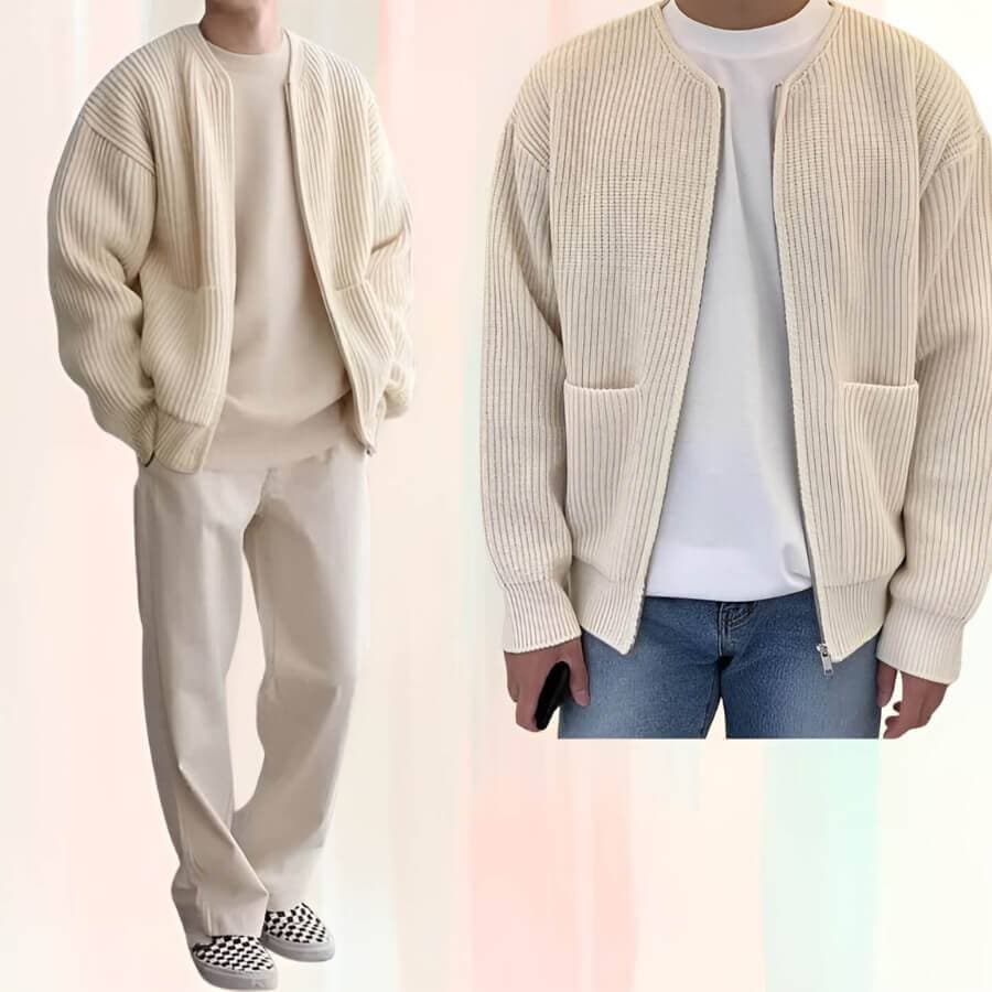 Herrstickad Cardigan med Framdragkedja och Fickor