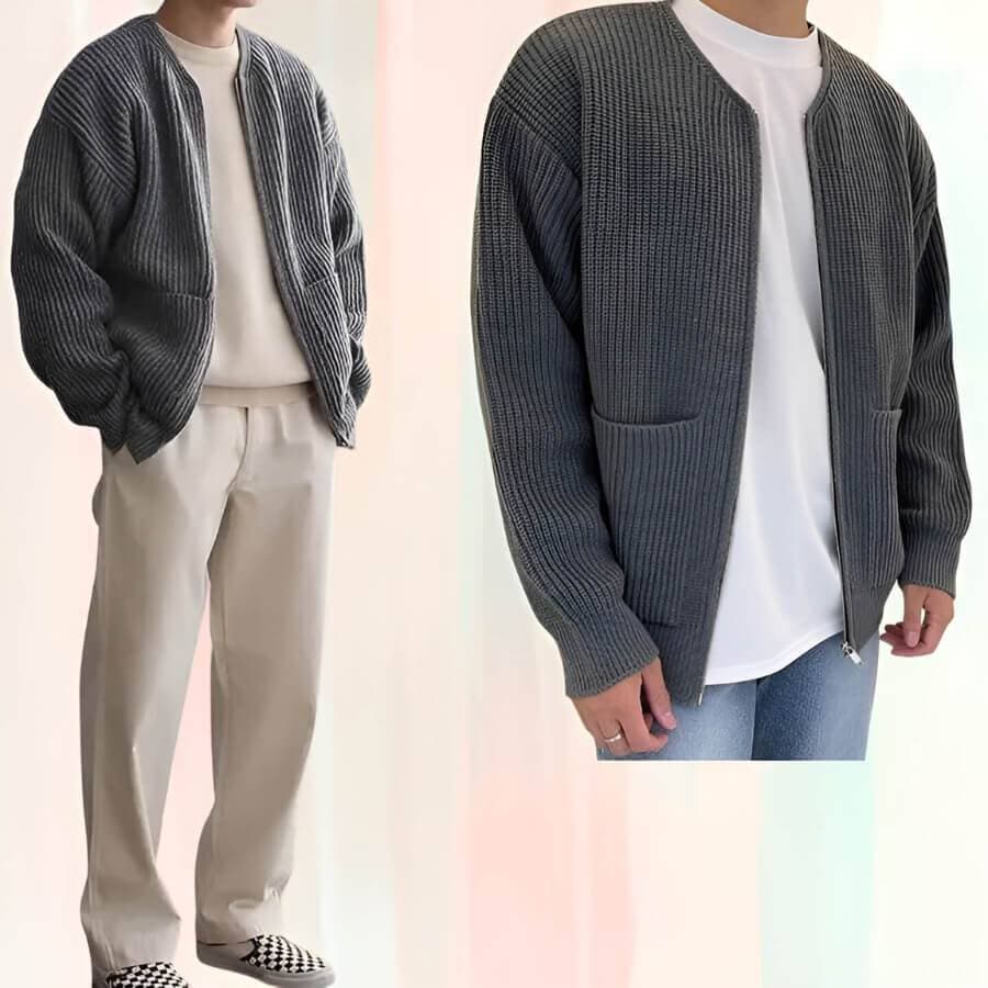 Herrstickad Cardigan med Framdragkedja och Fickor