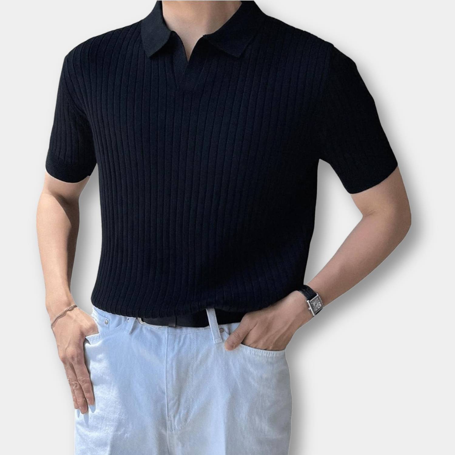 Old Money Polo Skjorta för Män med Ribbad Design och Korta Ärmar | Francis