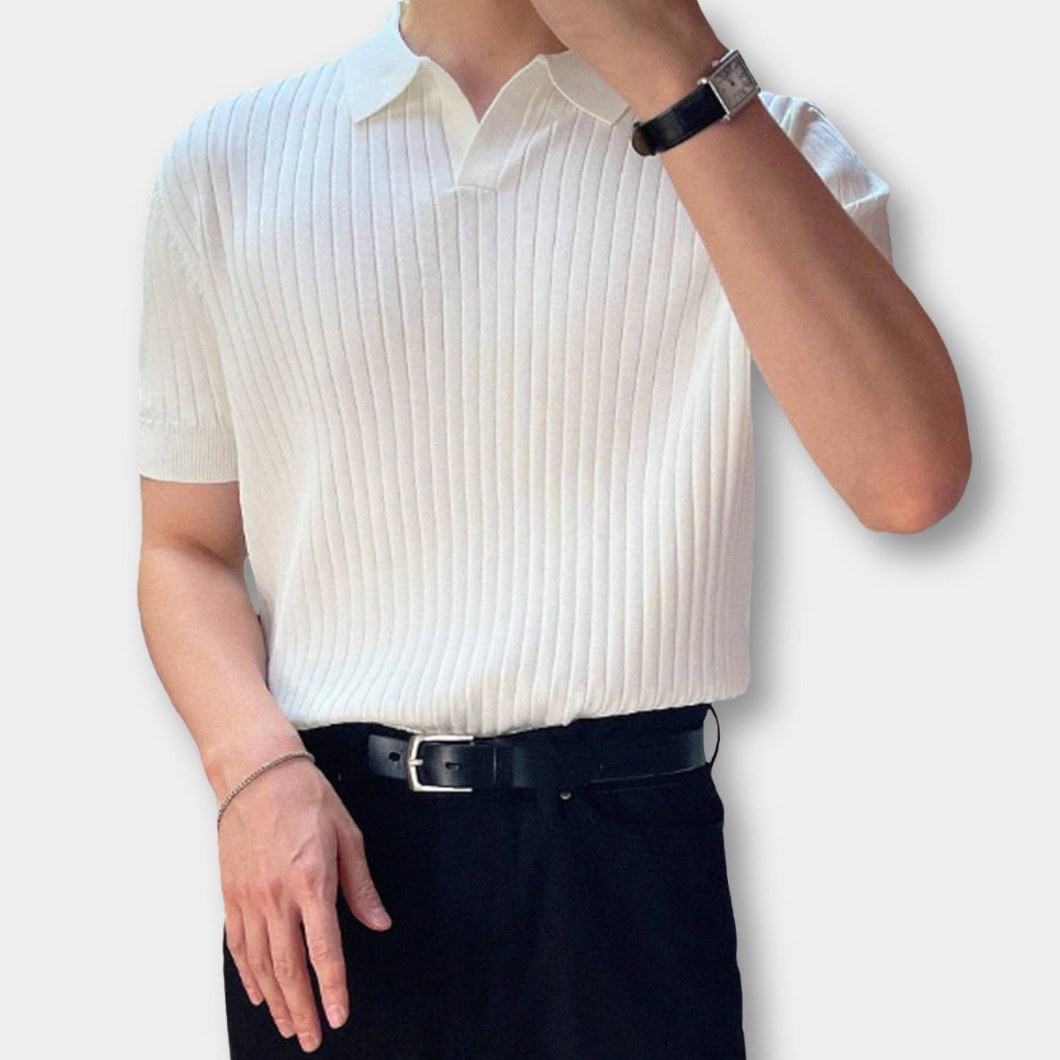 Old Money Polo Skjorta för Män med Ribbad Design och Korta Ärmar | Francis