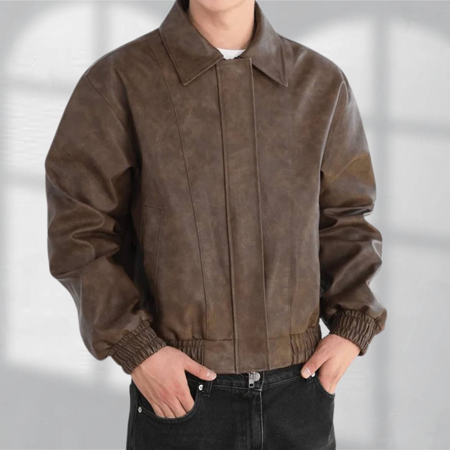 Retro-stil Zip-up konstläderjacka för män med elastiska ärmslut | Zandro