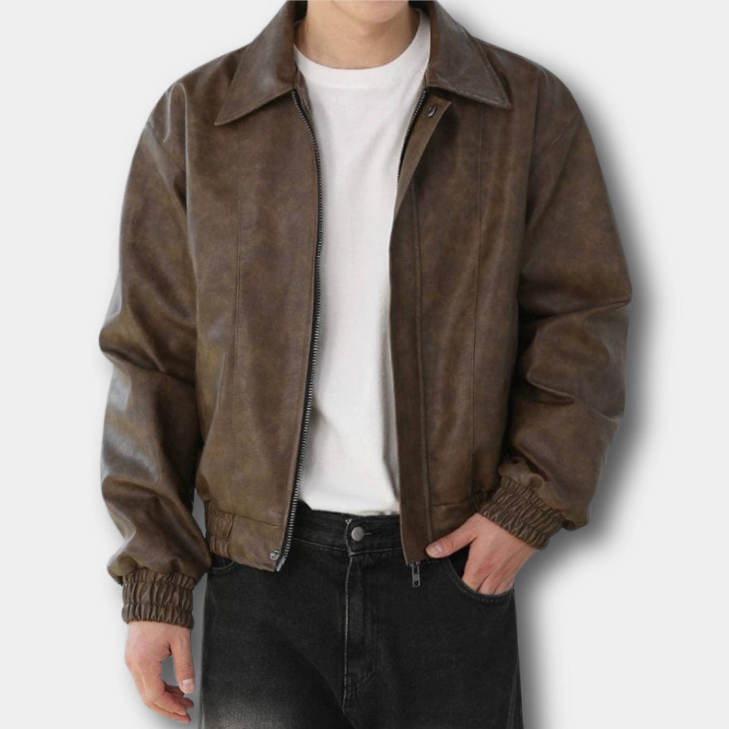 Retro-stil Zip-up konstläderjacka för män med elastiska ärmslut | Zandro